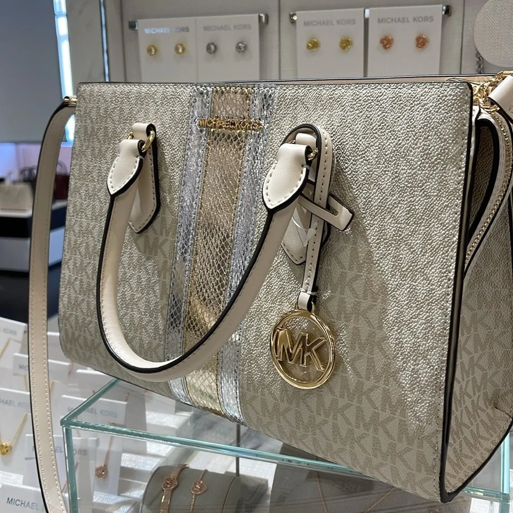 Michael Kors Sheila Medium Signature Logo and Metallic Satchel Crossbody CZ NWT